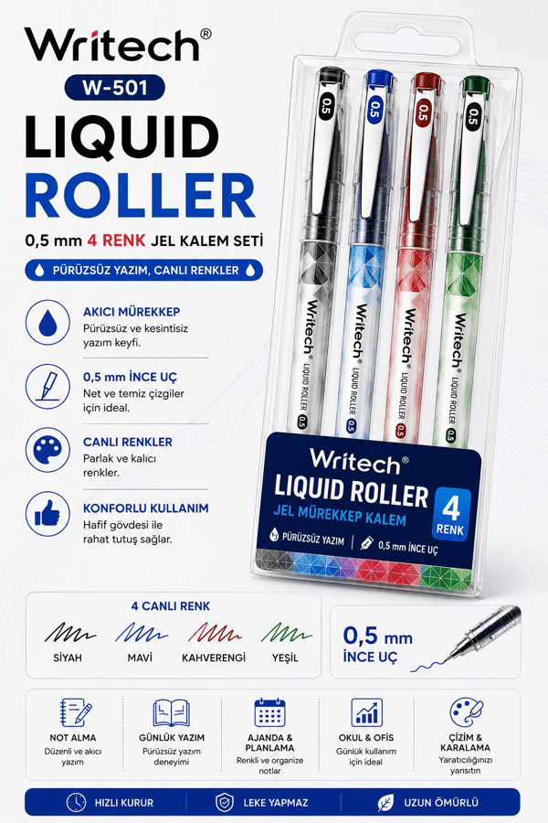 Writech W-501 Liquid Roller 0,5 mm 4 Renk Jel Kalem Seti
