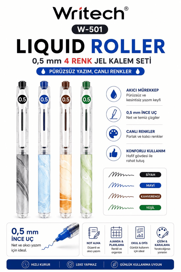 Writech W-501 Liquid Roller 0,5 mm 4 Renk Jel Kalem Seti