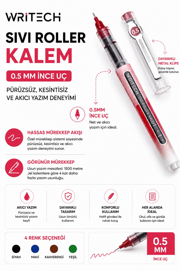 Writech W-501 Liquid Roller 0,5 mm 4 Renk Jel Kalem Seti