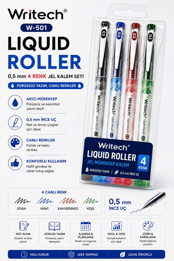 Writech W-501 Liquid Roller 0,5 mm 4 Renk Jel Kalem Seti
