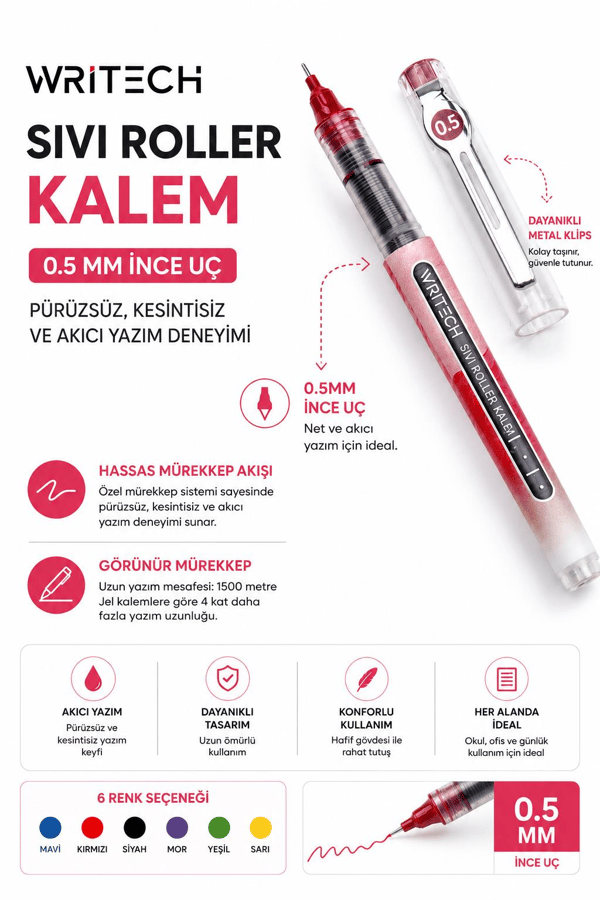 Writech W-501 Liquid Roller 0,5 mm 6 Renk Jel Kalem Seti