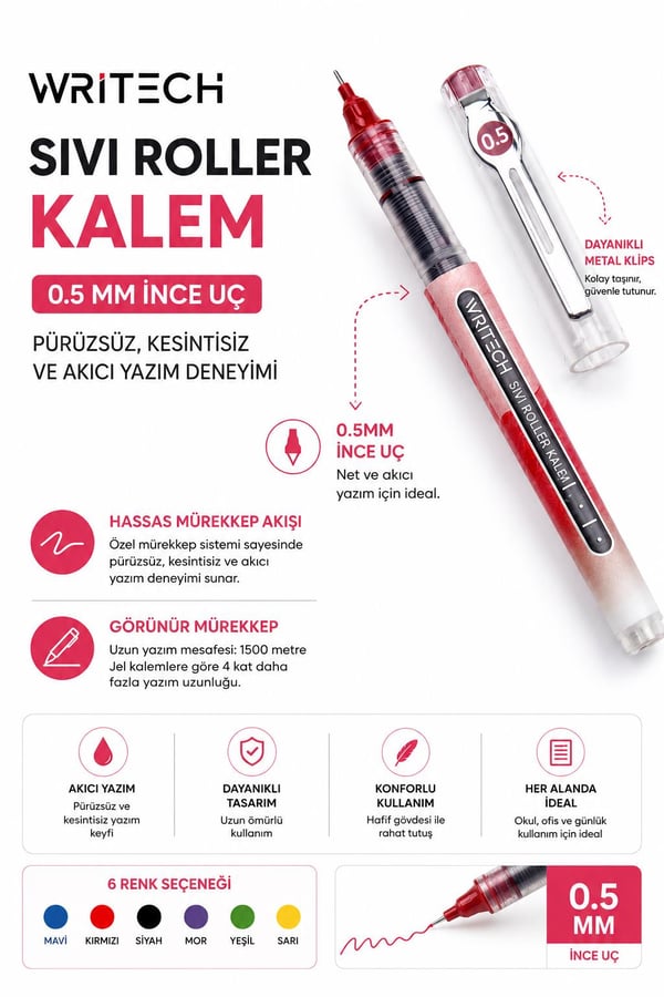 Writech W-501 Liquid Roller 0,5 mm 6 Renk Jel Kalem Seti