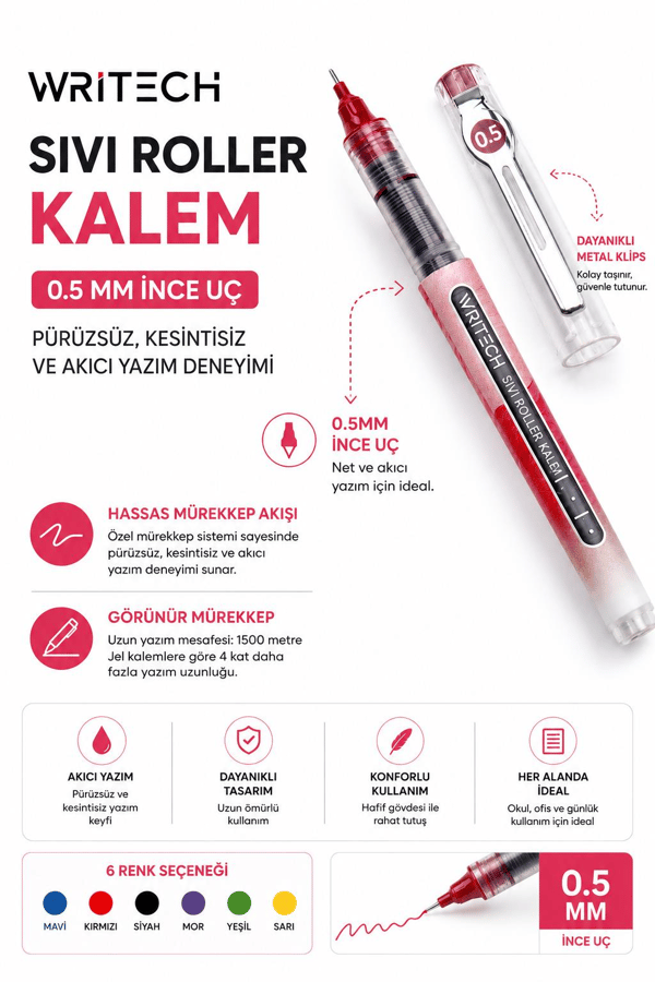 Writech W-501 Liquid Roller 0,5 mm 6 Renk Jel Kalem Seti