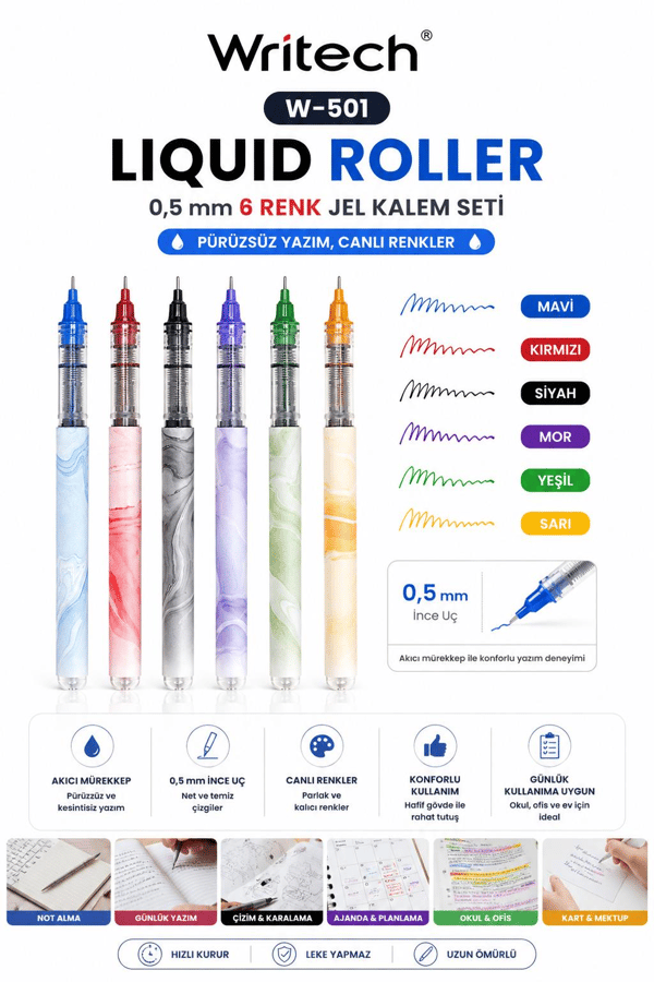 Writech W-501 Liquid Roller 0,5 mm 6 Renk Jel Kalem Seti