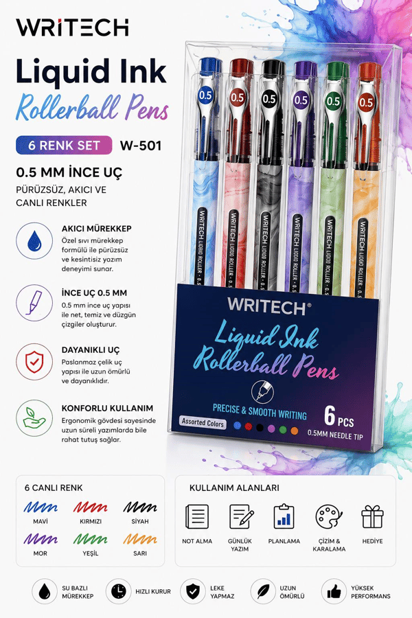 Writech W-501 Liquid Roller 0,5 mm 6 Renk Jel Kalem Seti
