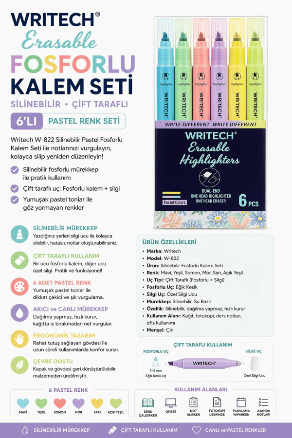 Writech W-822 Silinebilir Pastel 6 Renk Fosforlu Kalem