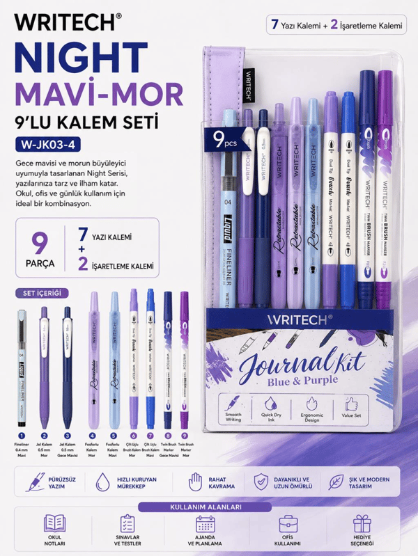 Writech W-JK03-4 Night Mavi-Mor Kalem Seti 9'lu