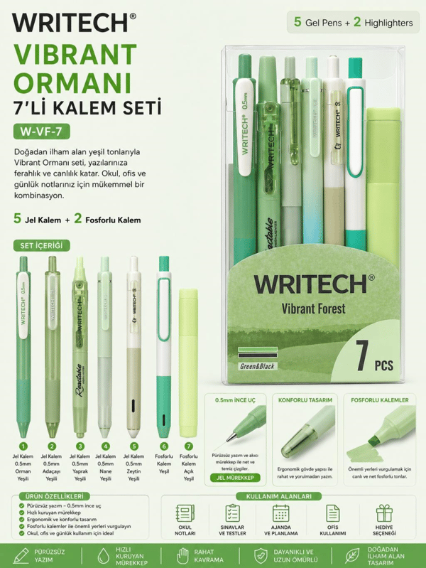 Writech W-VF-7 Vibrant Ormanı Kalem Seti Yeşil 7’li Paket