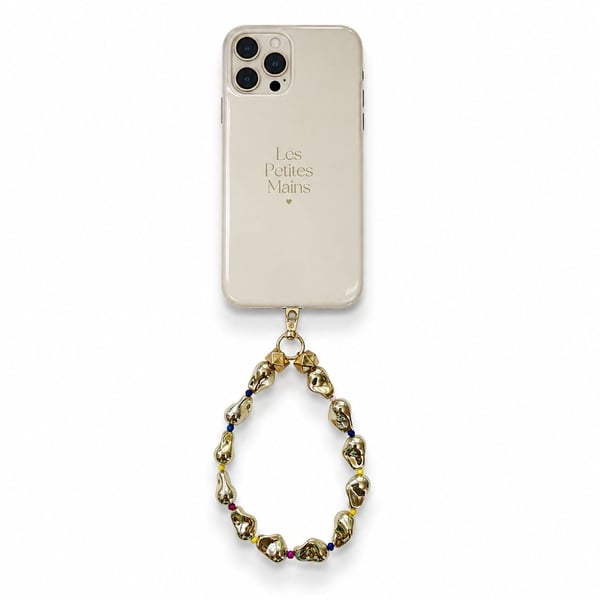 Gold Metalik Boncuklu Telefon Charmı – Renkli Boncuk Detaylı Telefon Askısı ve Telefon Aksesuarı