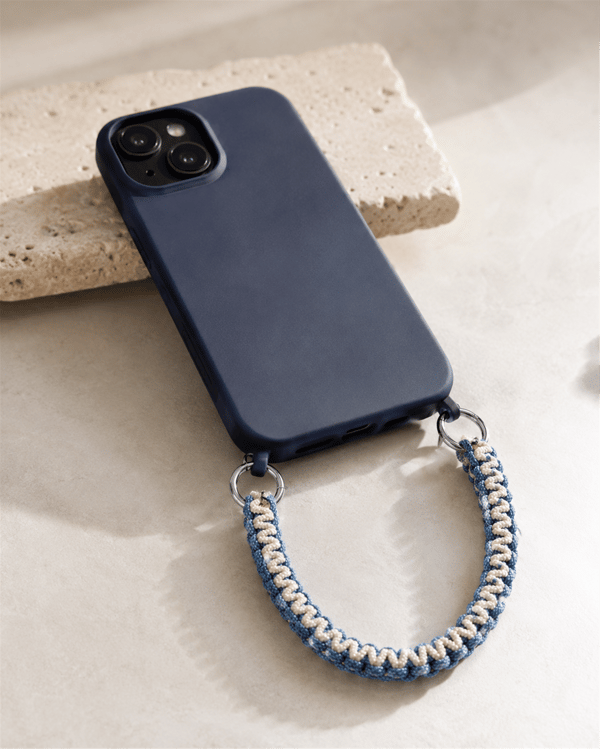 İconic Silver-Mavi Makrome Örgü Telefon Askısı | El Örgüsü Telefon İpi ve Çanta Aksesuarı