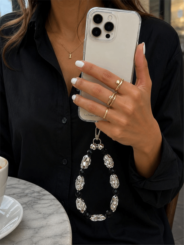 Iconic Siyah Gümüş Dövme Boncuklu Telefon Askısı, Boncuklu Telefon Charmı ve Çanta Aksesuarı