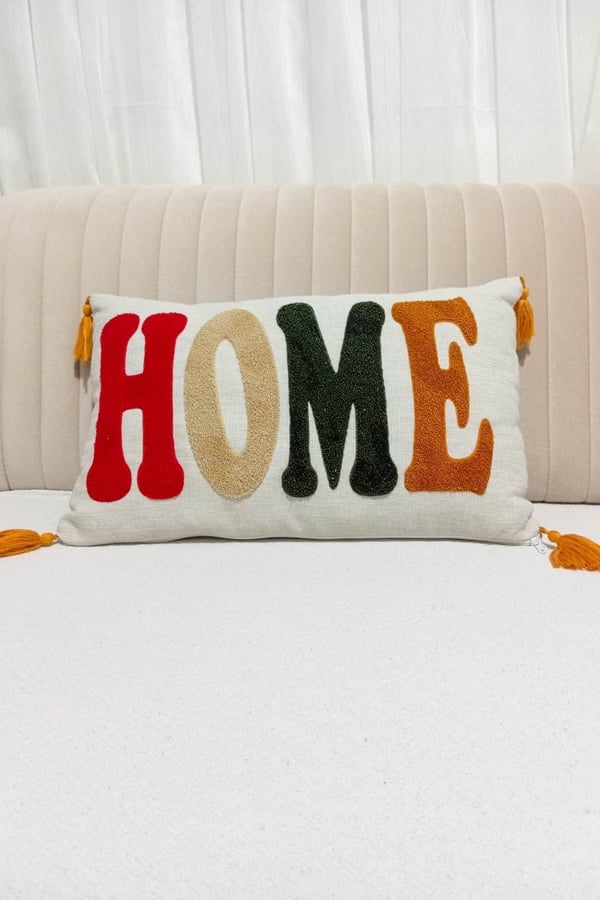 1 Adet Punch Nakışlı Home Yazılı & Desenli Kırlent Kılıfı, Gri, 30 x 50