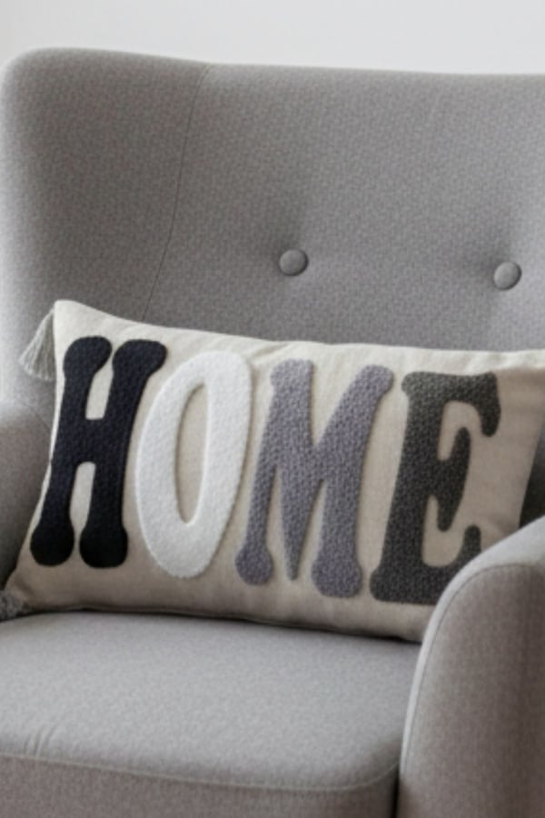 1 Adet Punch Nakışlı Home Yazılı & Desenli Kırlent Kılıfı, Gri, 30 x 50