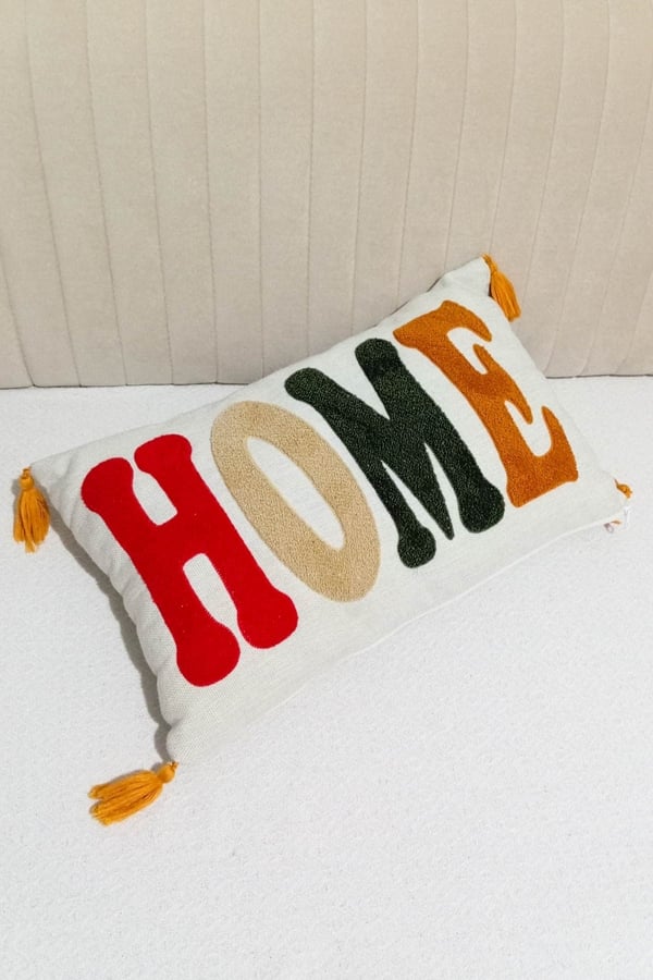 1 Adet Punch Nakışlı Home Yazılı & Desenli Kırlent Kılıfı, Gri, 30 x 50