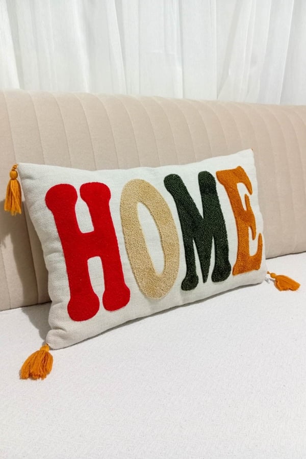 1 Adet Punch Nakışlı Home Yazılı & Desenli Kırlent Kılıfı, Gri, 30 x 50
