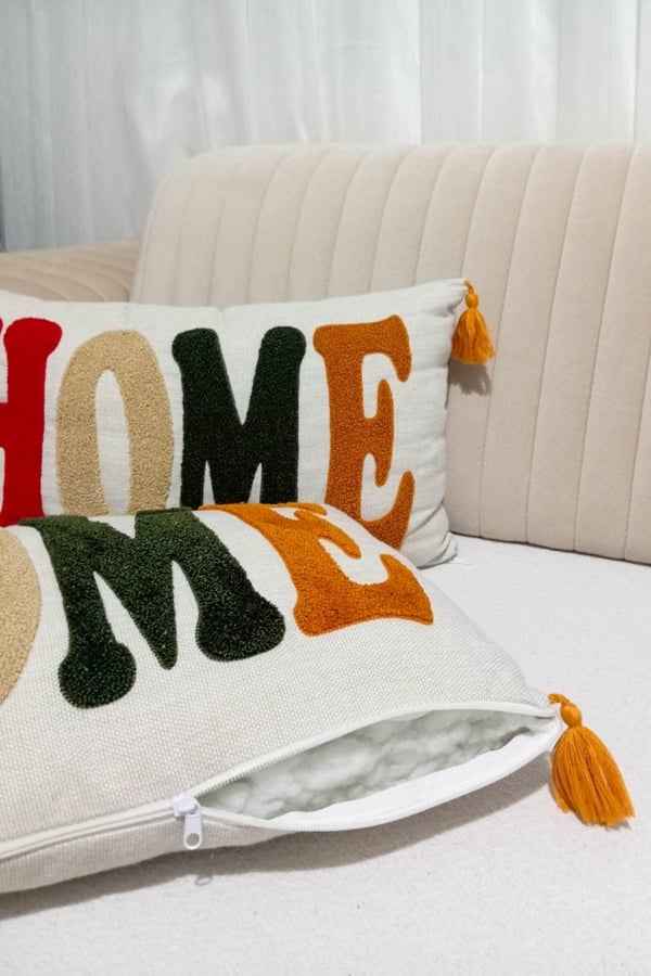 1 Adet Punch Nakışlı Home Yazılı & Desenli Kırlent Kılıfı, Gri, 30 x 50