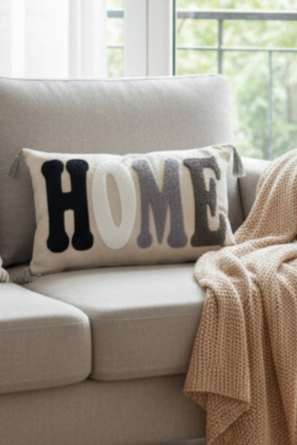 1 Adet Punch Nakışlı Home Yazılı & Desenli Kırlent Kılıfı