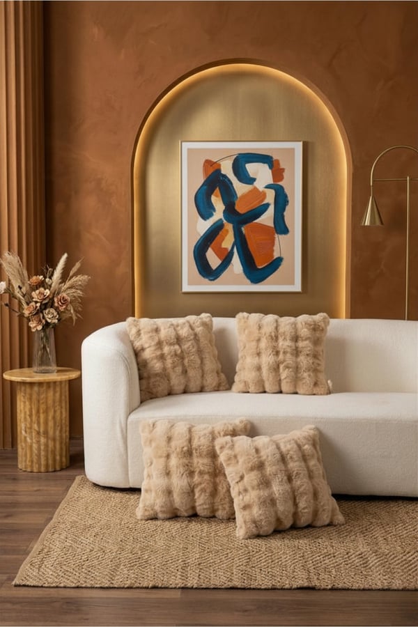 Bubble & Tavşan Tüyü Dokulu 2'li Kırlent Kılıfı, Ekru, 43 x 43