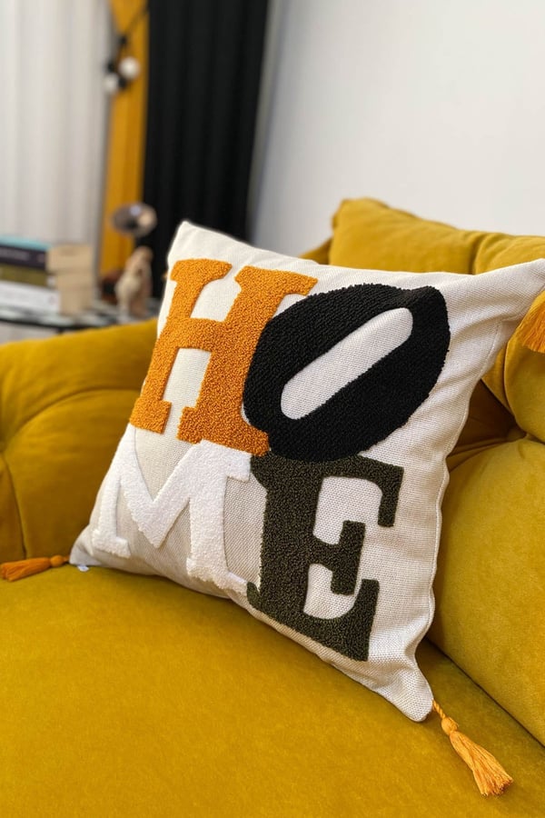 Bugi Home Collection Punch Nakışlı Kırlent Kılıfı, Krem beyaz hardal sarı koyu yeşil, 43 x 43
