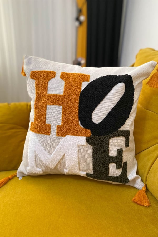 Bugi Home Collection Punch Nakışlı Kırlent Kılıfı, Krem beyaz hardal sarı koyu yeşil, 43 x 43