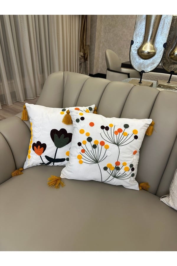 E-Bizz Home Krem Kumaş Punch Nakışlı 2 Adet Kırlent Kılıfı, Ekru Krem Hardal Sarı Yeşil, 42 x 42