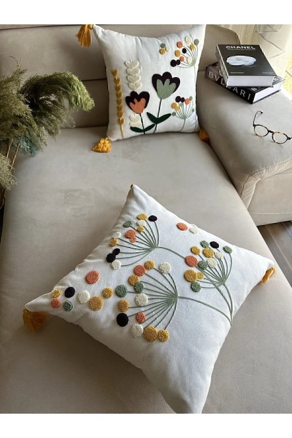 E-Bizz Home Krem Kumaş Punch Nakışlı 2 Adet Kırlent Kılıfı, Ekru Krem Hardal Sarı Yeşil, 42 x 42