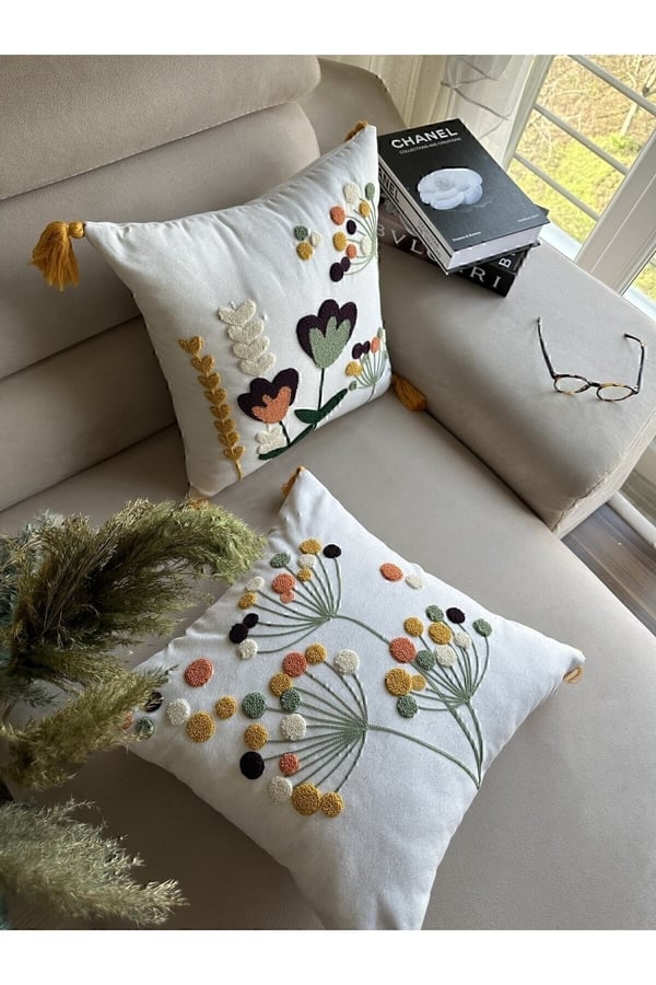 E-Bizz Home Krem Kumaş Punch Nakışlı 2 Adet Kırlent Kılıfı, Ekru Krem Hardal Sarı Yeşil, 42 x 42
