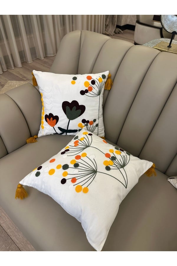 E-Bizz Home Krem Kumaş Punch Nakışlı 2 Adet Kırlent Kılıfı, Ekru Krem Hardal Sarı Yeşil, 42 x 42