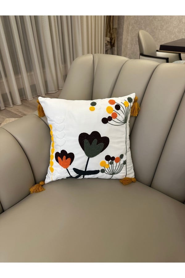 E-Bizz Home Krem Kumaş Punch Nakışlı 2 Adet Kırlent Kılıfı