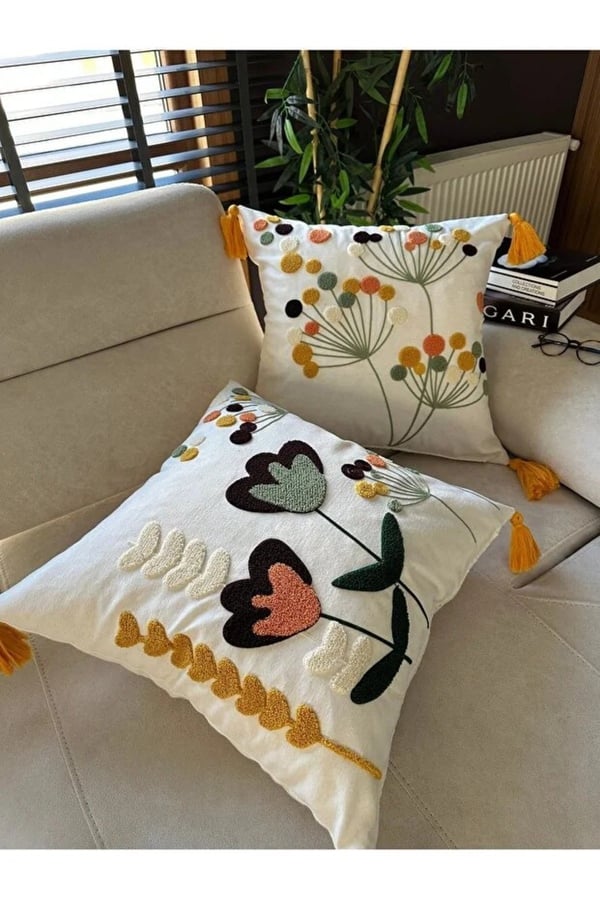 E-Bizz Home Krem Kumaş Punch Nakışlı 2 Adet Kırlent Kılıfı, Ekru Krem Hardal Sarı Yeşil Somon, 43 x 43