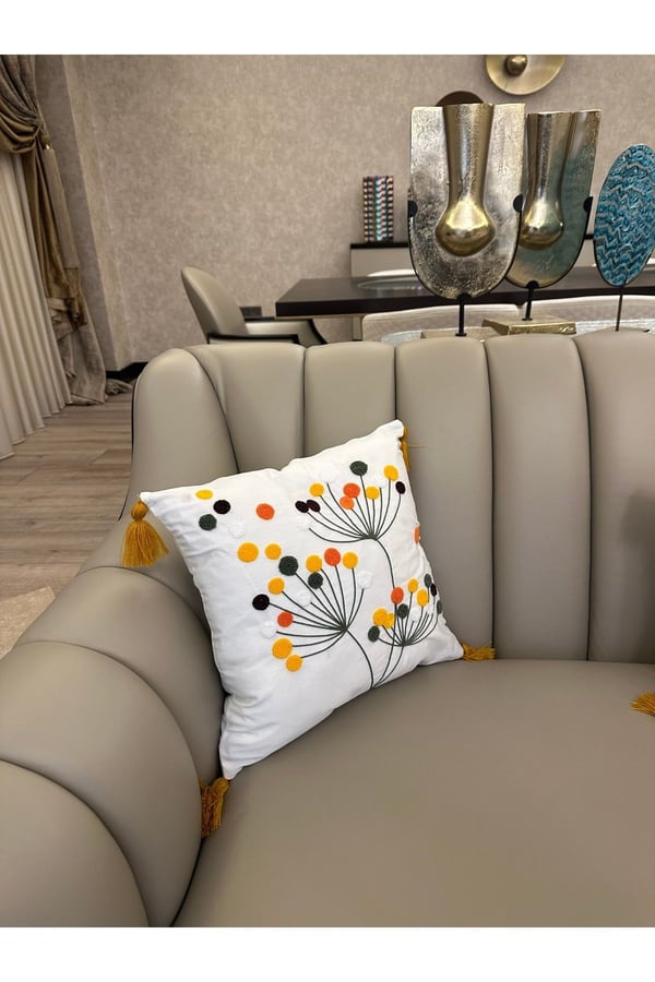E-Bizz Home Krem Kumaş Punch Nakışlı 2 Adet Kırlent Kılıfı, Ekru Krem Hardal Sarı Yeşil, 42 x 42