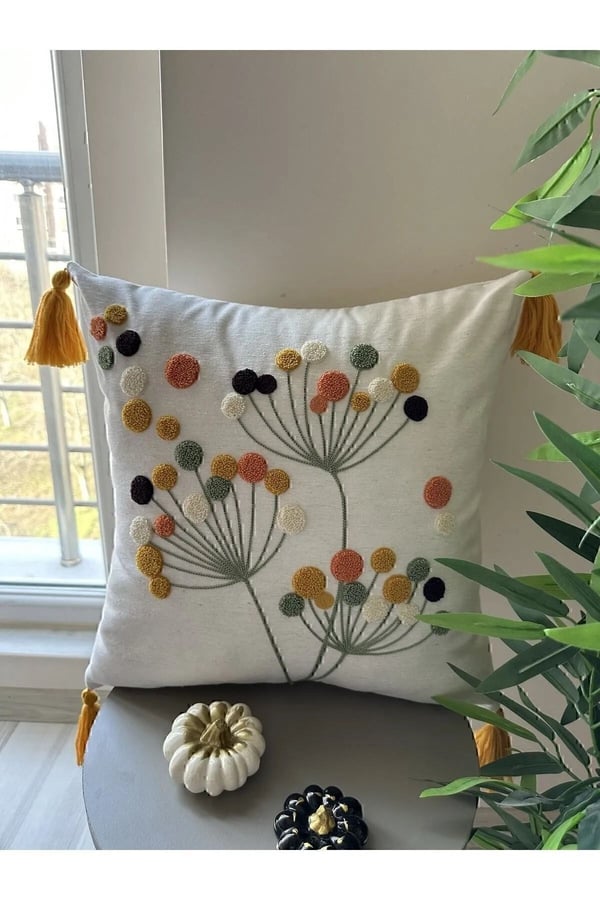 E-Bizz Home Krem Kumaş Punch Nakışlı 2 Adet Kırlent Kılıfı, Ekru Krem Hardal Sarı Yeşil, 42 x 42