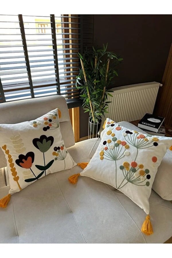 E-Bizz Home Krem Kumaş Punch Nakışlı 2 Adet Kırlent Kılıfı, Ekru Krem Hardal Sarı Yeşil Somon, 43 x 43