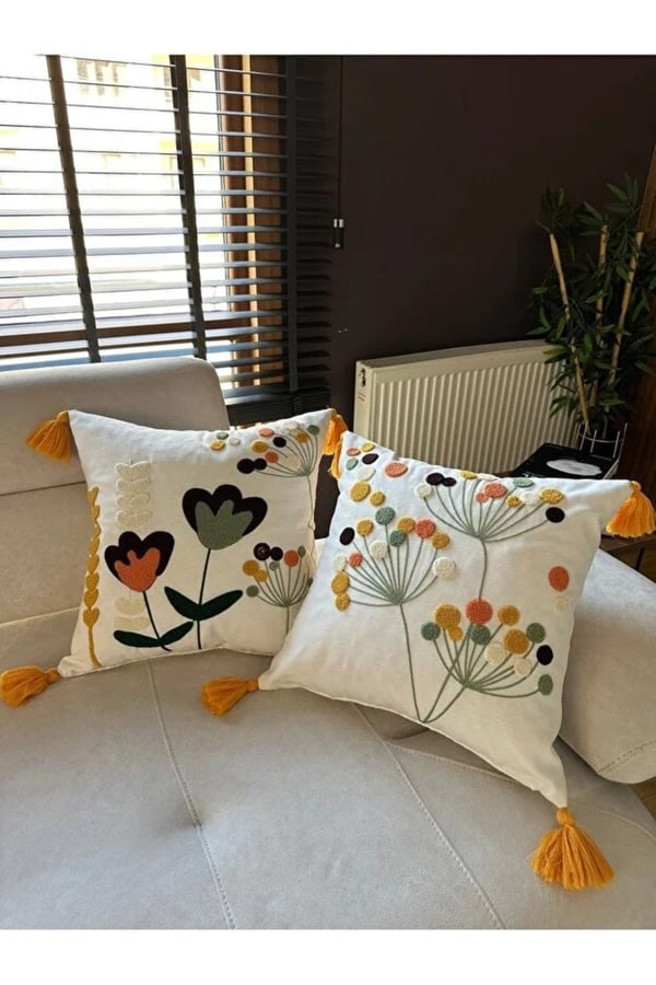 E-Bizz Home Krem Kumaş Punch Nakışlı 2 Adet Kırlent Kılıfı, Ekru Krem Hardal Sarı Yeşil Somon, 43 x 43