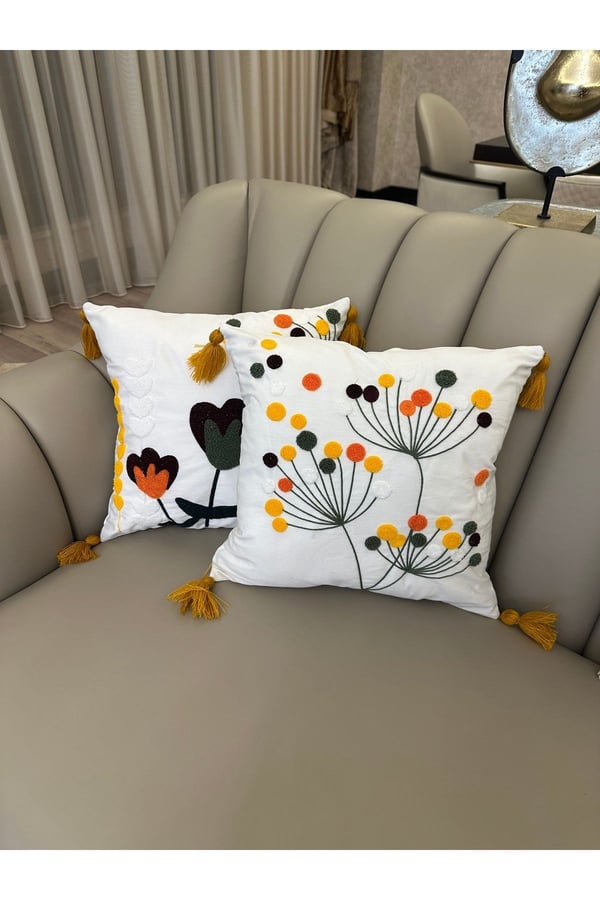 E-Bizz Home Krem Kumaş Punch Nakışlı 2 Adet Kırlent Kılıfı, Ekru Krem Hardal Sarı Yeşil, 42 x 42