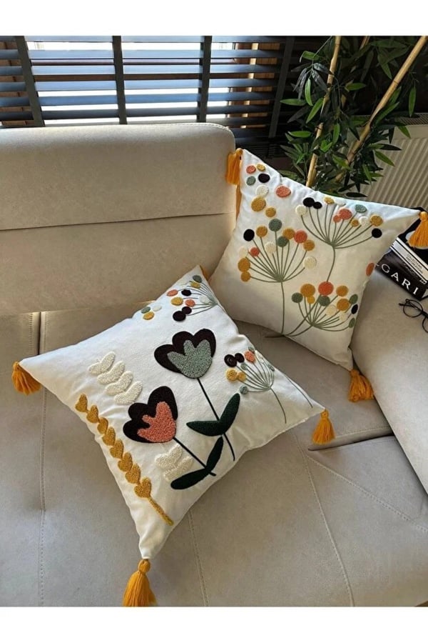 E-Bizz Home Krem Kumaş Punch Nakışlı 2 Adet Kırlent Kılıfı, Ekru Krem Hardal Sarı Yeşil Somon, 43 x 43