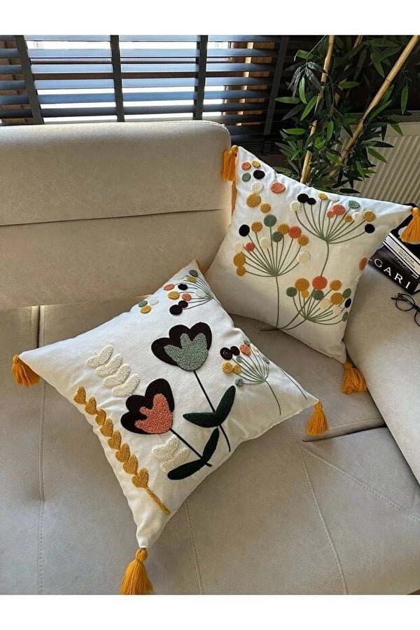 E-Bizz Home Punch Nakışlı 2 Adet Kırlent Kılıfı, Ekru Krem Hardal Sarı Yeşil Somon, 43 x 43