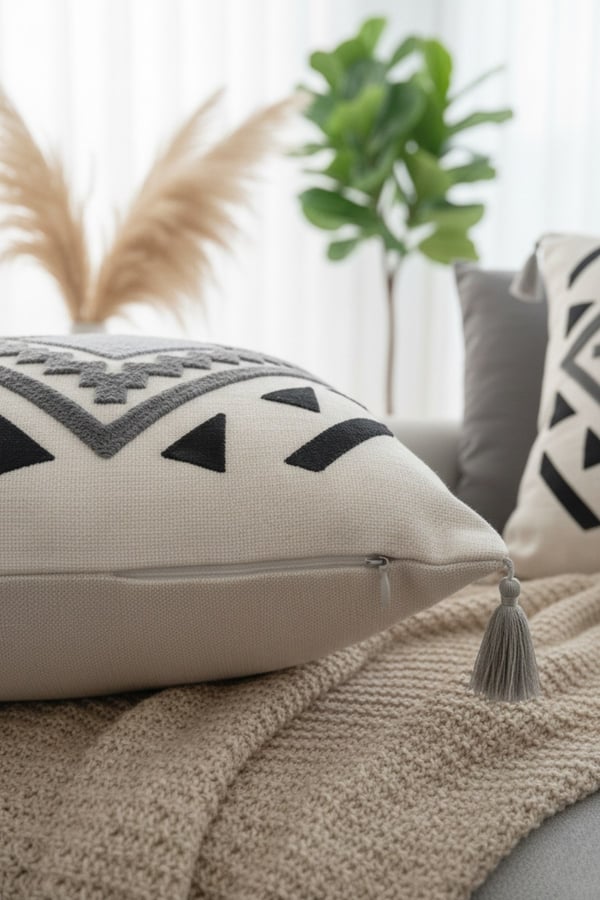 Gri Home Punch Nakışlı 1 Adet Kırlent Kılıfı, Bej, 43 x 43