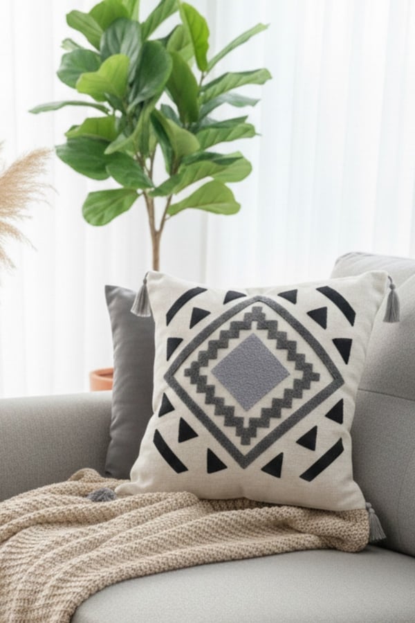 Gri Home Punch Nakışlı 1 Adet Kırlent Kılıfı, Bej, 43 x 43