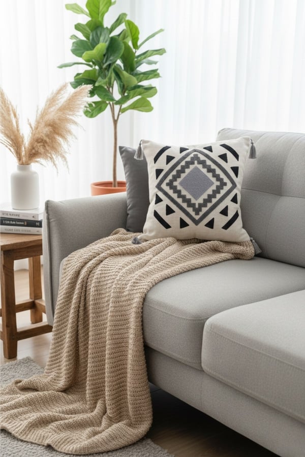 Gri Home Punch Nakışlı 1 Adet Kırlent Kılıfı, Bej, 43 x 43