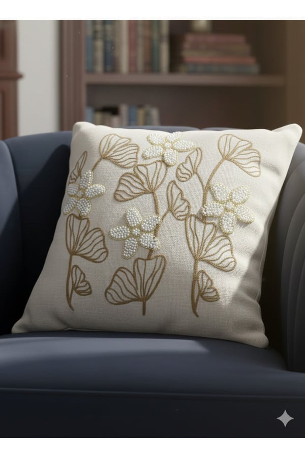 Pullu & Taşlı & Punch Nakışlı 1 Adet Kırlent Kılıfı, Sütlü Kahve-Krem-Beyaz-Gold, 43 x 43