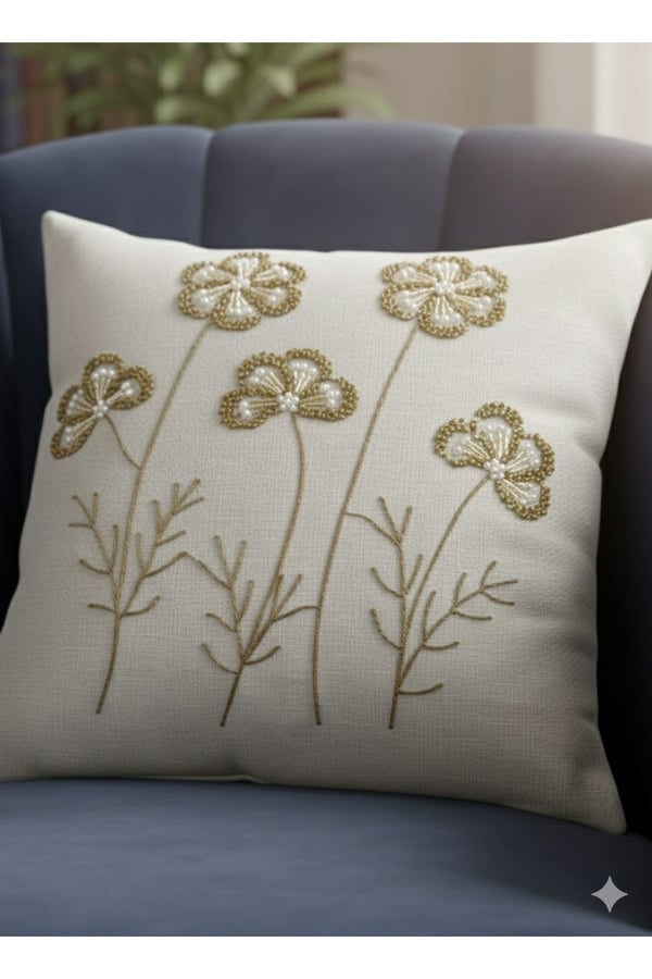 Pullu & Taşlı & Punch Nakışlı 1 Adet Kırlent Kılıfı, Sütlü Kahve-Krem-Beyaz-Gold, 43 x 43