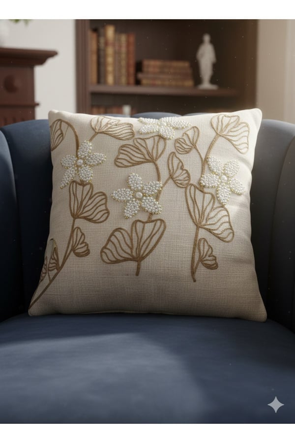 Pullu & Taşlı & Punch Nakışlı 1 Adet Kırlent Kılıfı, Sütlü Kahve-Krem-Beyaz-Gold, 43 x 43