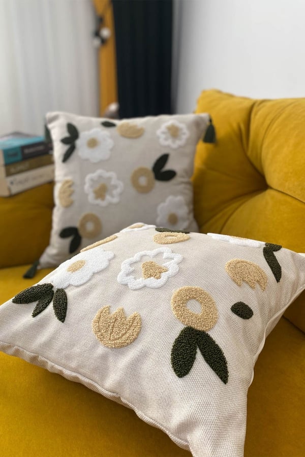 Punch Nakışlı 2 Adet Kırlent Kılıfı, Bej, 43 x 43