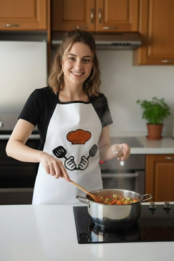 Punch Nakışlı Mutfak Önlüğü & Punch Nakışlı Poşetlik & Mutfak Set, Sarı
