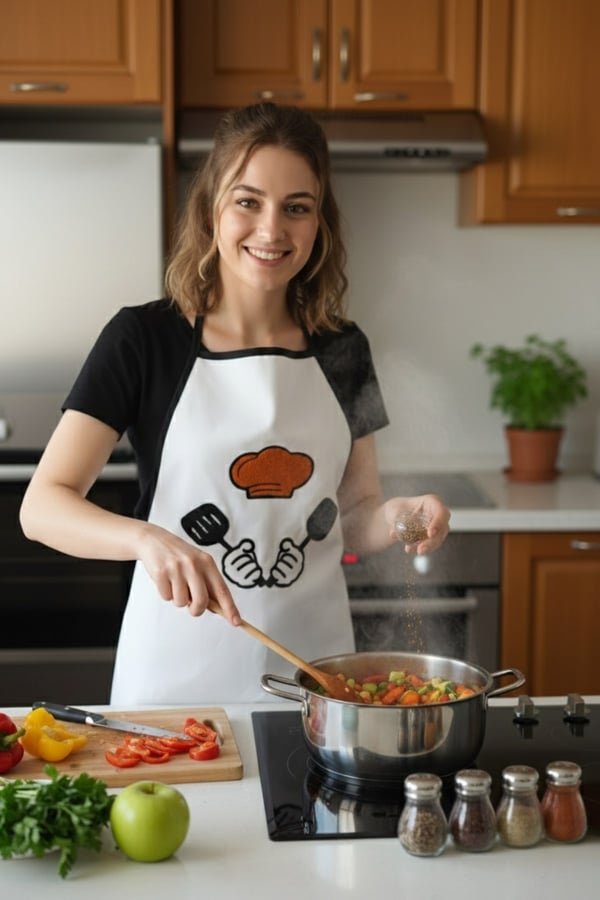 Punch Nakışlı Mutfak Önlüğü & Punch Nakışlı Poşetlik & Mutfak Set, Sarı