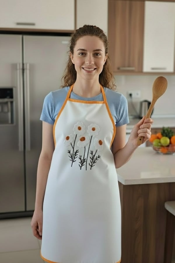 Punch Nakışlı Mutfak Önlüğü & Punch Nakışlı Poşetlik & Mutfak Set, Sarı
