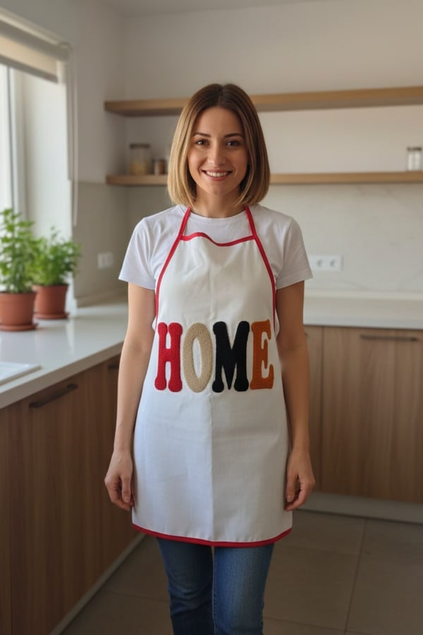 Punch Nakışlı Mutfak Önlüğü & Punch Nakışlı Poşetlik & Mutfak Set, Sarı