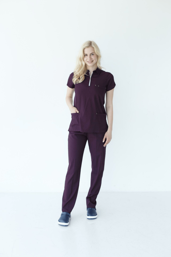 Fermuarlı Likralı Scrubs Takım Mürdüm