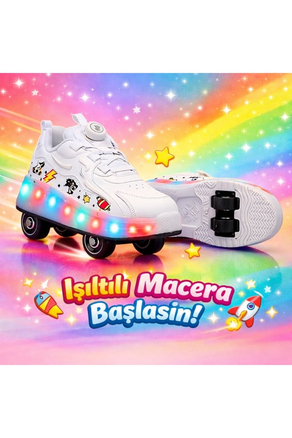 Patenli Çocuk Ortopedik Işıklı Paten Tekerlekli Rocky Spor Kaykay 4 Tekerli Ayakkabı